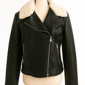 New York & Company Black Leather Jacket with Cream Collar